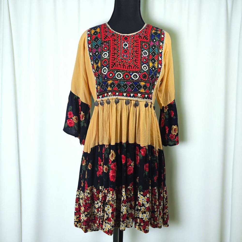 Vintage Afghan Dress Midi Embroidered Bodice Mirrors Medallion Detail Boho Gypsy